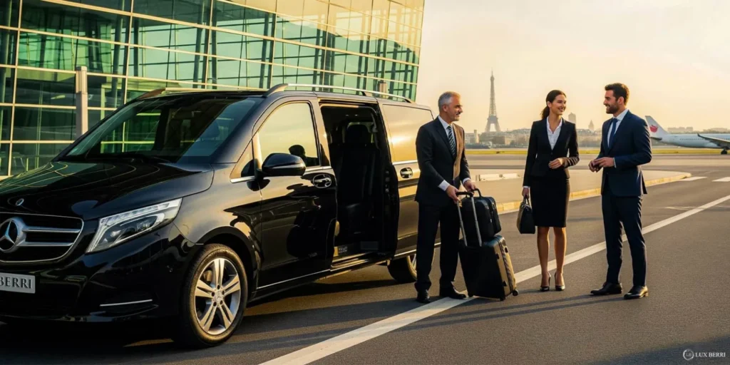 Premium airport transfer service in Paris with a luxury chauffeur driving a high-end vehicle